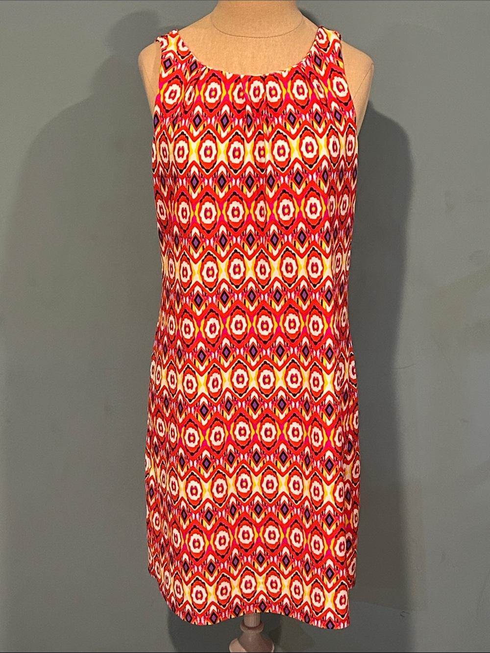 Jude Connally Sleeveless Shift Dress XS Geometric Diamond Pattern Red Orange